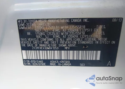 2013 Toyota Rav4 Limited z USA, uszkodzony, nr VIN 2T3YFREV3DW041959